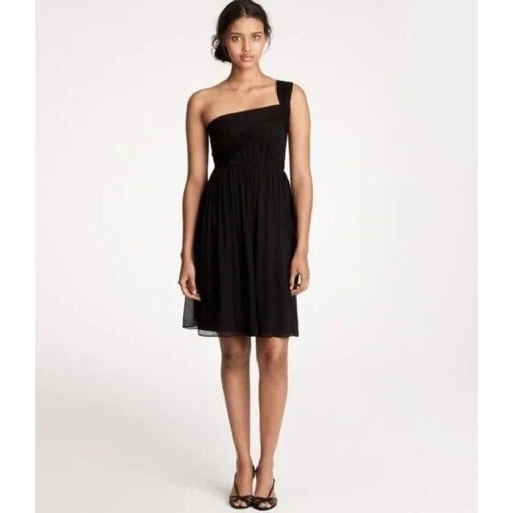 J CREW Silk Chiffon One Shoulder Black Fit & Flare Dress Mini Formal Size 4 NEW